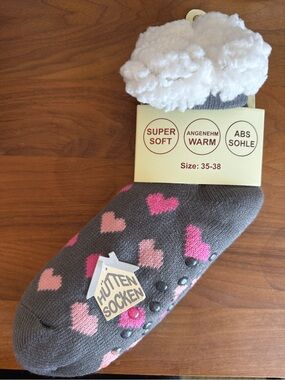 Cozy Fuzzy Socks with Pink Hearts and non-slip rubber dots. NWT.